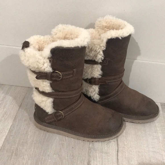 UGG Other - UGG brown leather fur winter boots girls 12